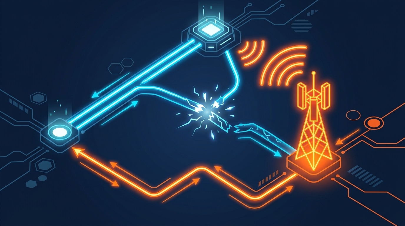 Abstract network diagram showing a primary fiber line and a secondary cellular path converging on a small business router, no text labels