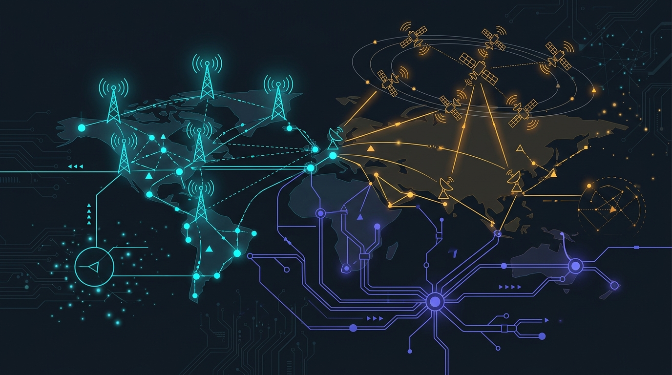 Abstract geometric comparison of LTE cellular backup, Starlink satellite dish, and dual wired fiber connections, no text labels