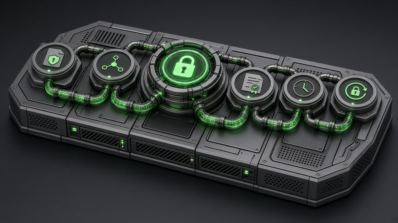Clean 3D isometric diagram showing automated ACME TLS certificate lifecycle on a dark titanium server chassis