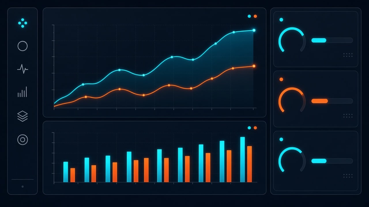 Dark-mode developer telemetry console displaying web server performance benchmark curves and concurrency throughput