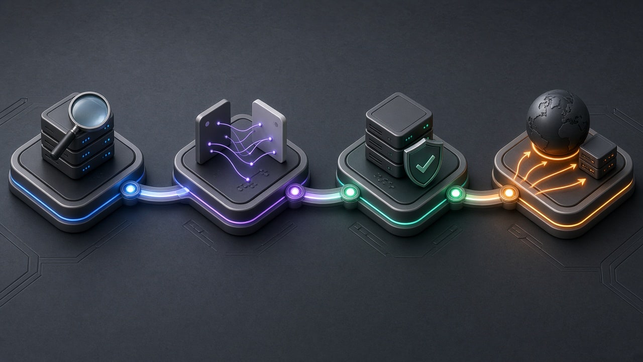 Clean 3D isometric roadmap of four sequential web server migration checkpoints on a dark slate surface