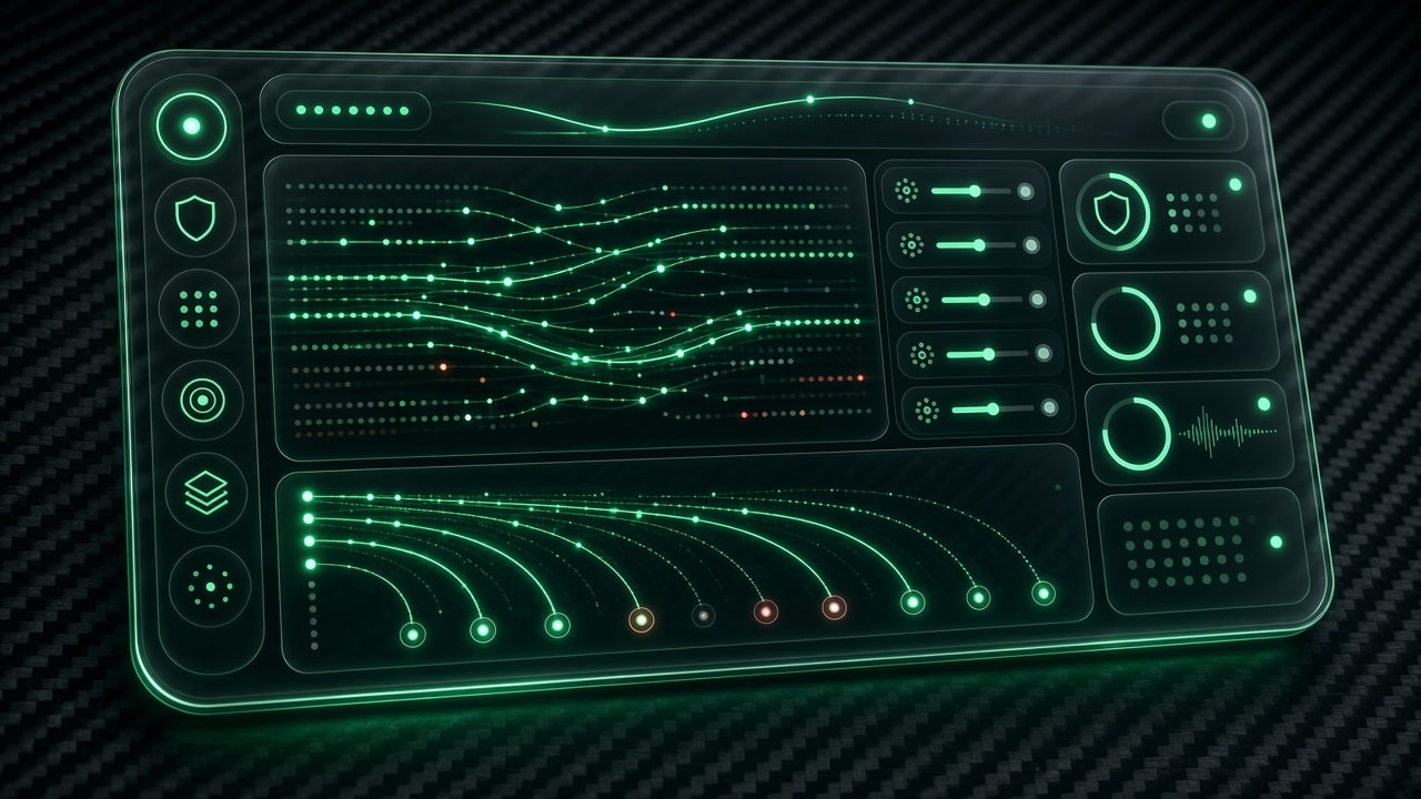 Glassmorphic web application security telemetry HUD displaying real-time CSP violation stream filters and falling alert triage curves