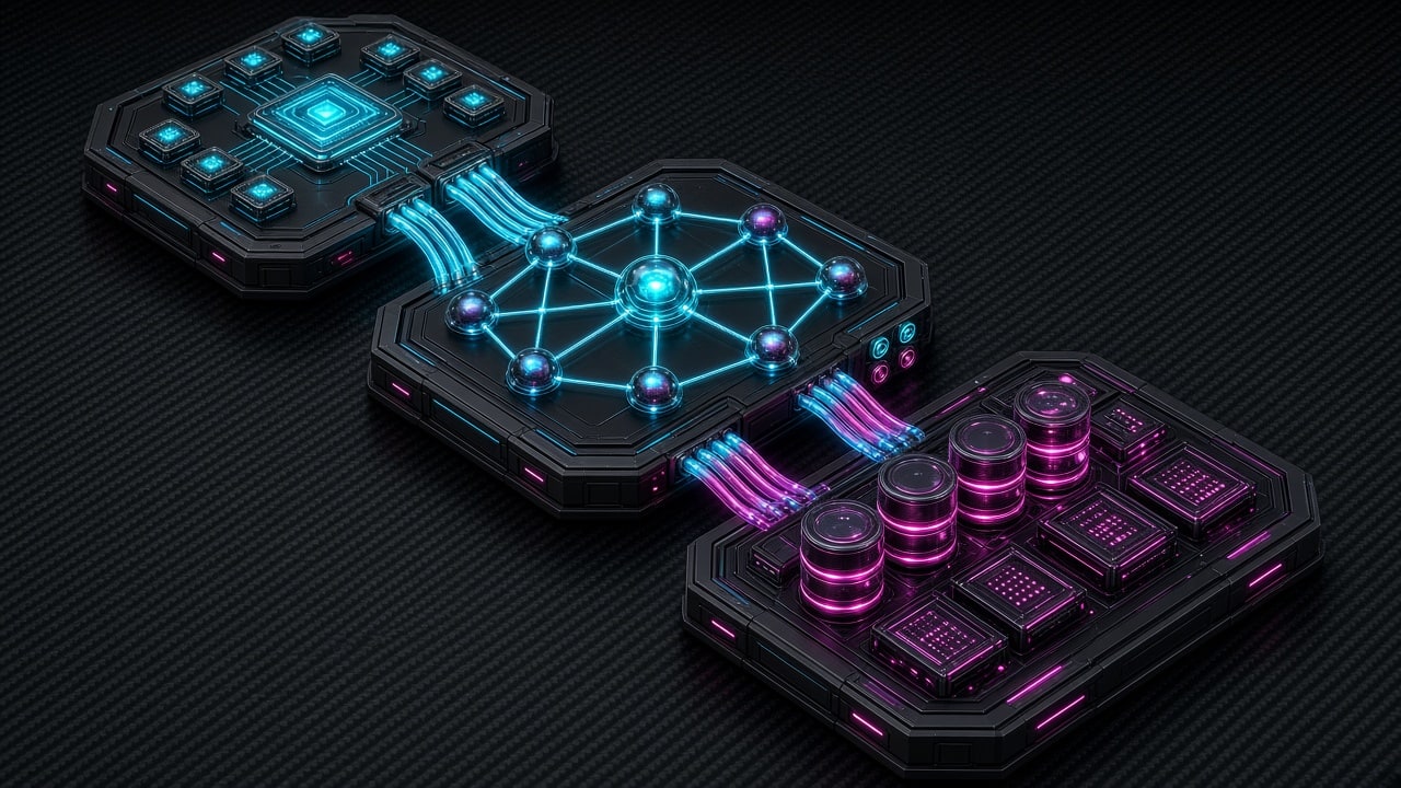 Modern 3D isometric technical pipeline diagram of multi-tier agent memory architecture on dark carbon fiber, no text labels