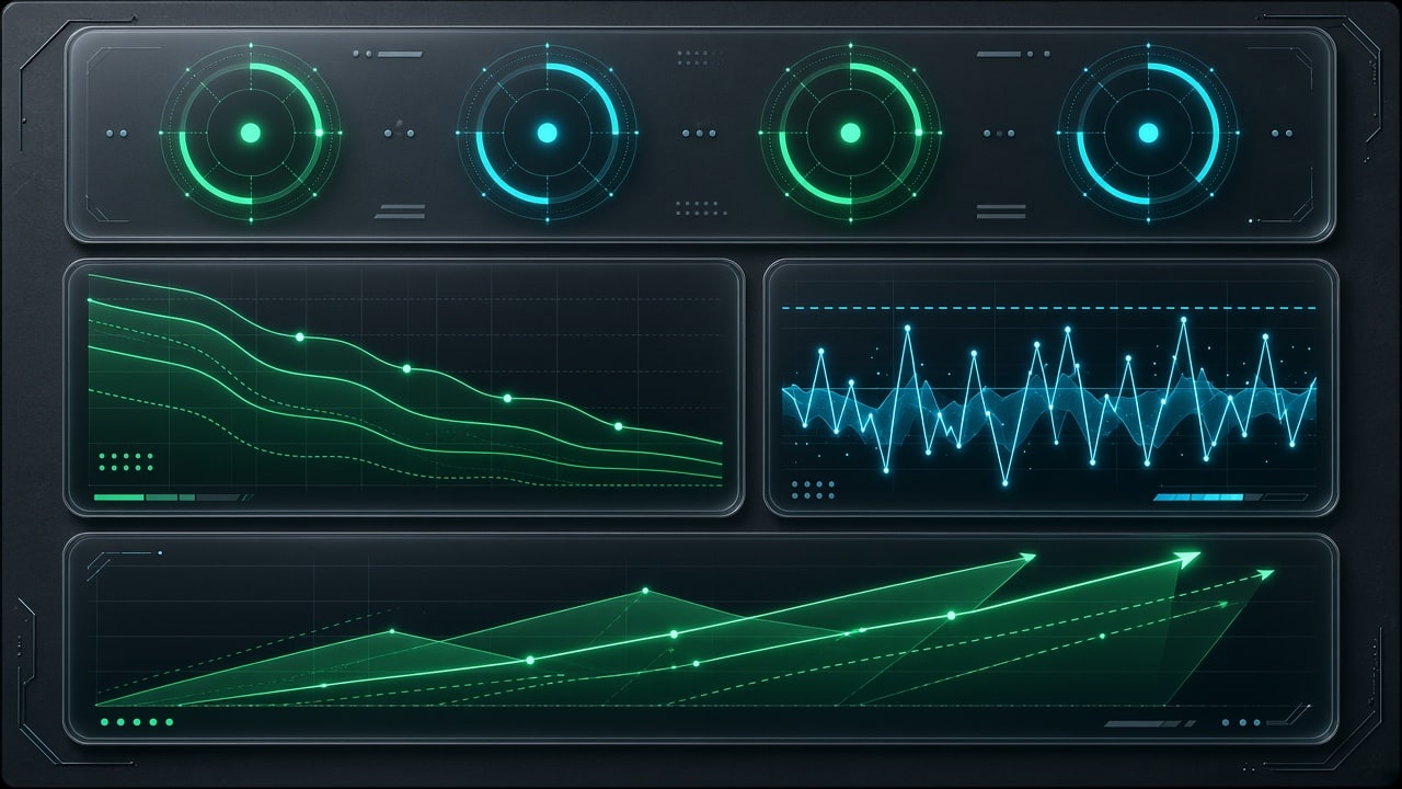 Glassmorphic telemetry inspection HUD showing declining token consumption curves and rising agent accuracy metrics on dark brushed titanium, no text labels