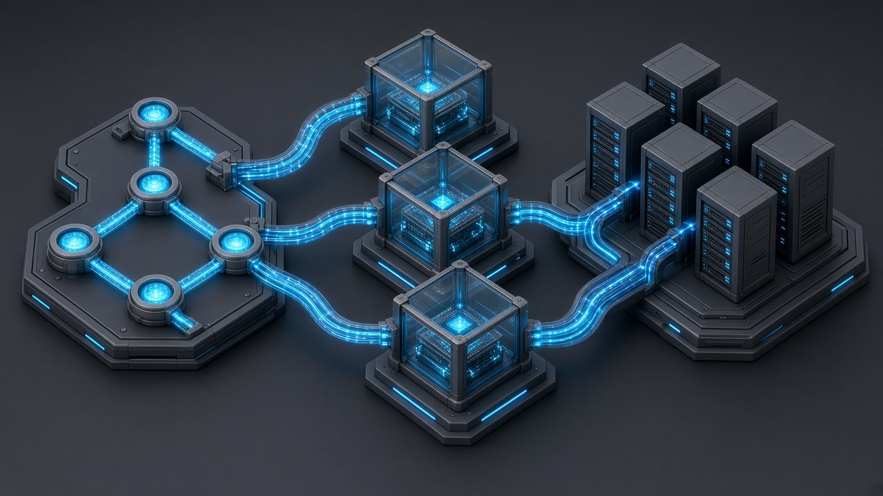 Abstract network of deployment pipelines connecting a central server node to database and application containers, no text labels