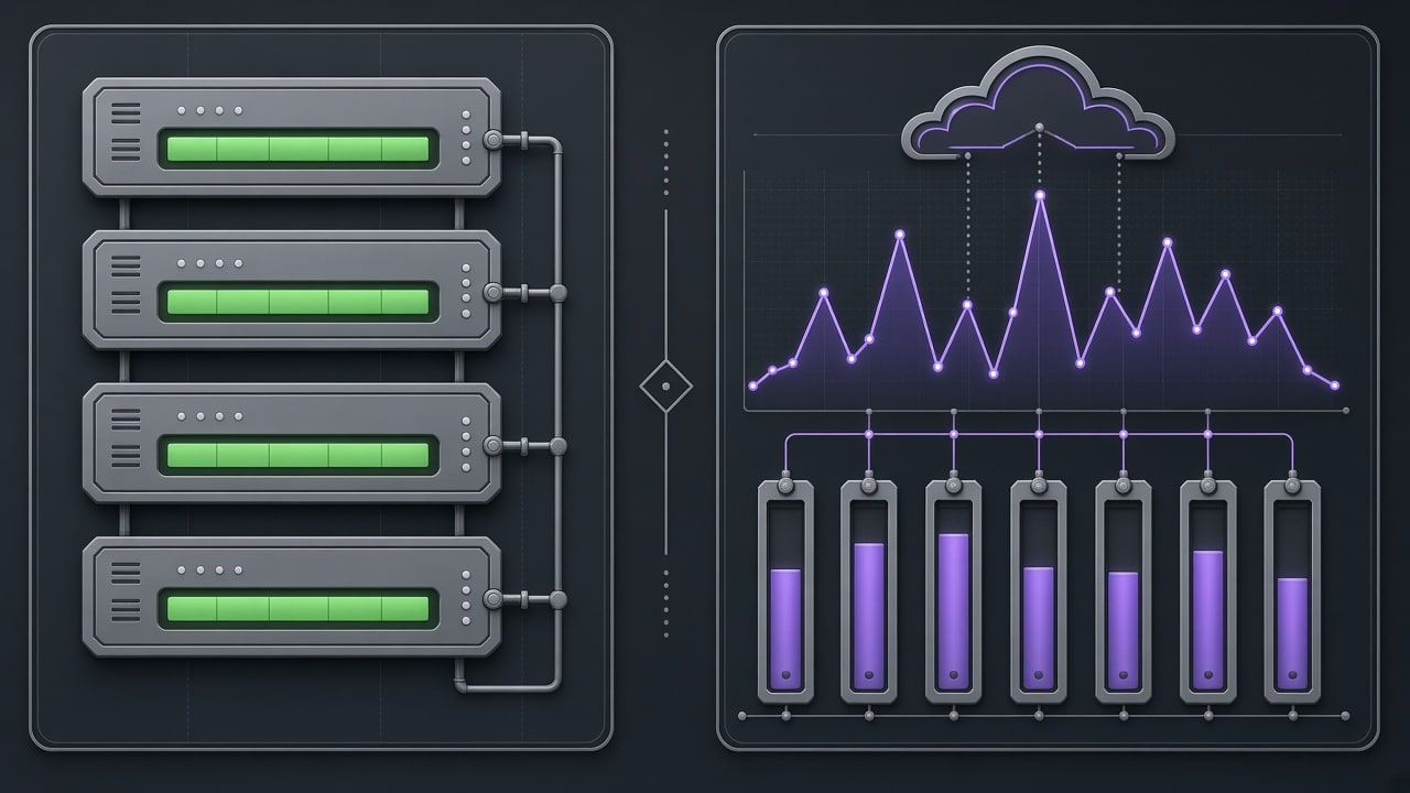Technical architectural diagram comparing predictable flat-capacity VPS resource nodes against volatile metered cloud billing meters, no text labels