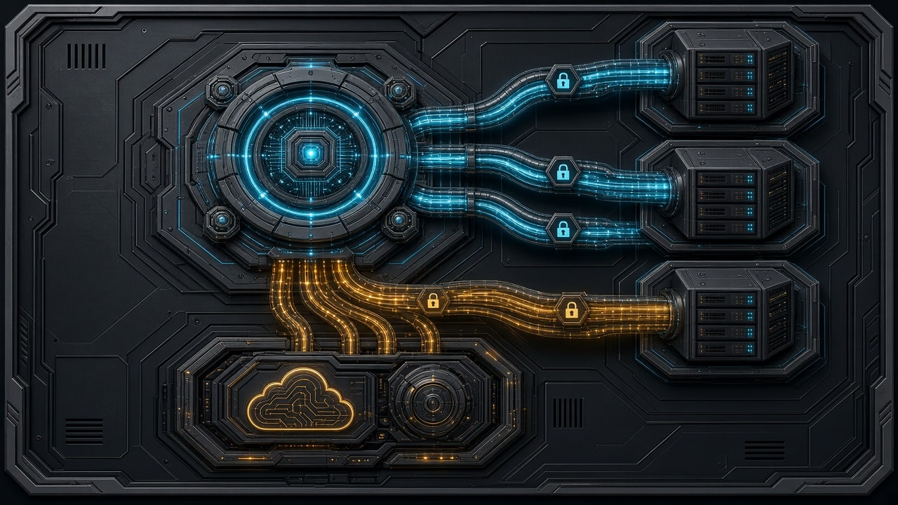 High precision technical schematic of a multi-server PaaS orchestration cluster on dark titanium, no text labels