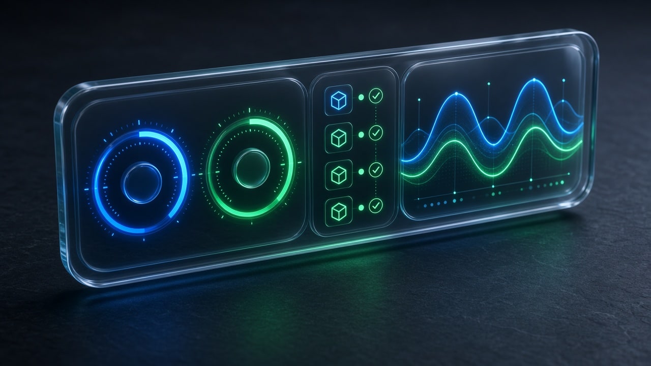 Glassmorphic developer telemetry HUD displaying real-time container health checkpoints and sub-50ms latency performance waves, no text labels
