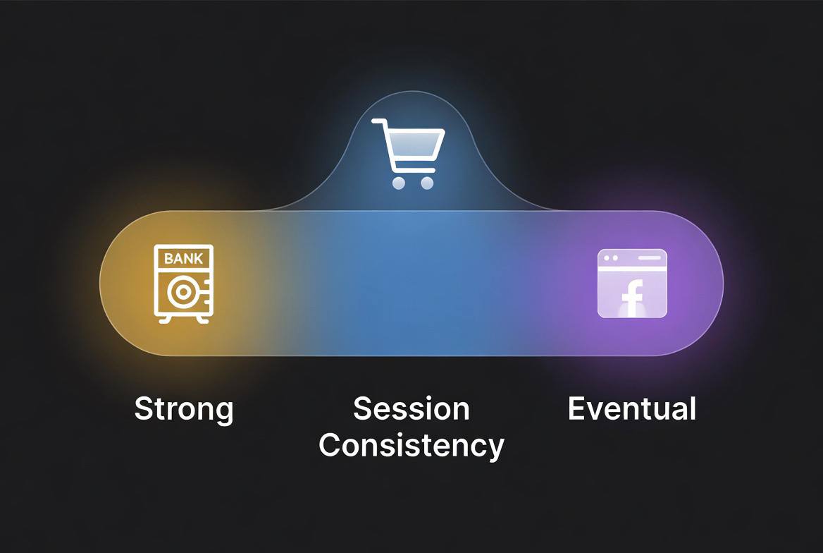Diagram showing the consistency spectrum from strong to eventual with database replicas and synchronization arrows