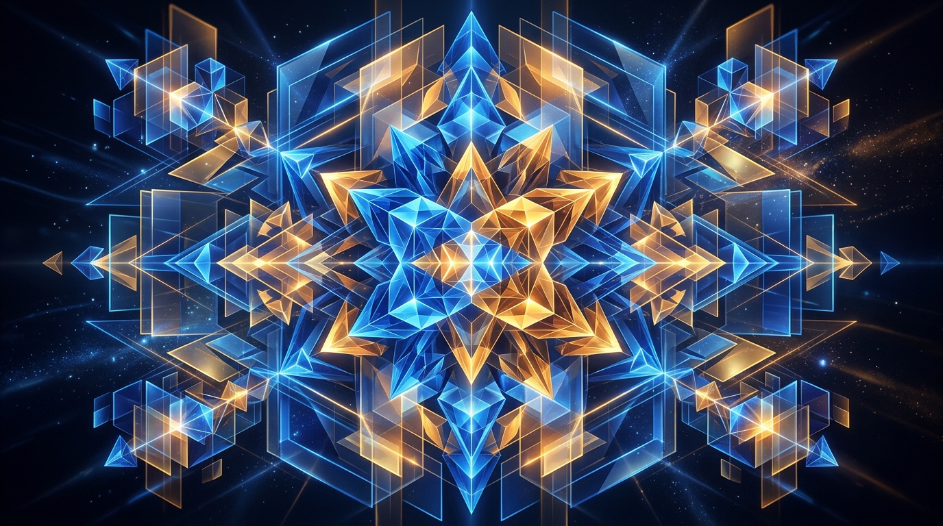 Abstract 3D digital artwork representing harmonized web accessibility standards with interlocking geometric crystal matrices in electric blue and warm amber, no text labels