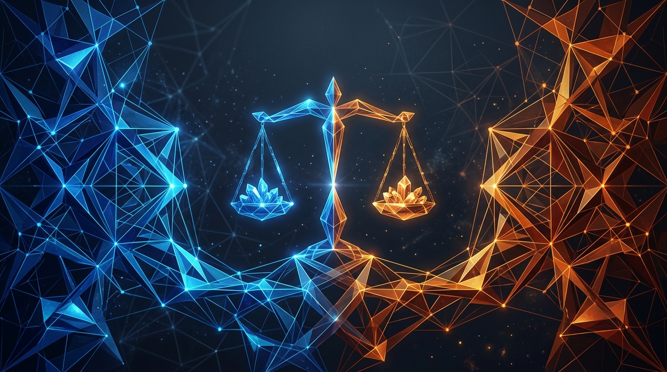 Abstract visual comparison of US ADA private litigation and EU market surveillance regulatory frameworks with crystalline balance scales in sapphire blue and burnt amber, no text labels
