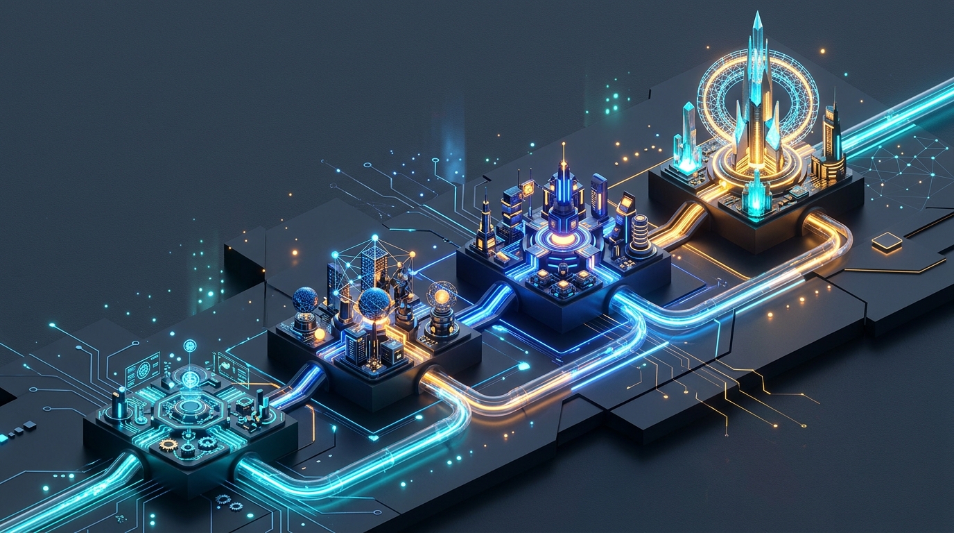 Abstract 3D isometric roadmap showing four progressive milestones with interconnected luminous pipelines and circuit stages in cyan and warm amber, no text labels