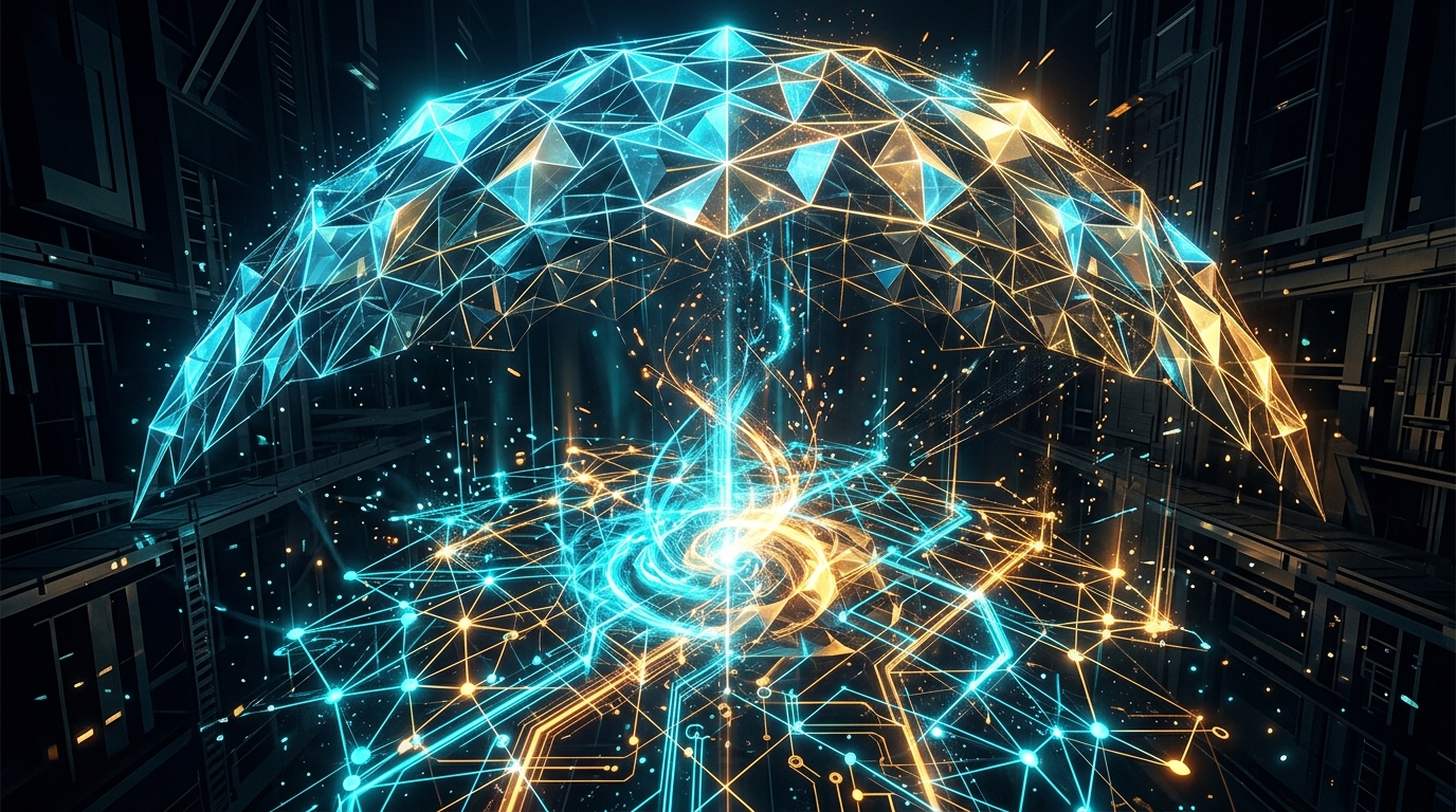 Abstract digital art composition of a protective geometric crystalline canopy over a glowing interconnected network lattice in electric cyan and warm amber, no text labels