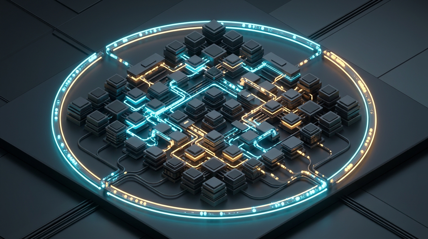 3D isometric technical pipeline showing a Mixture of Experts neural architecture with active sparse pathways and automated research loop