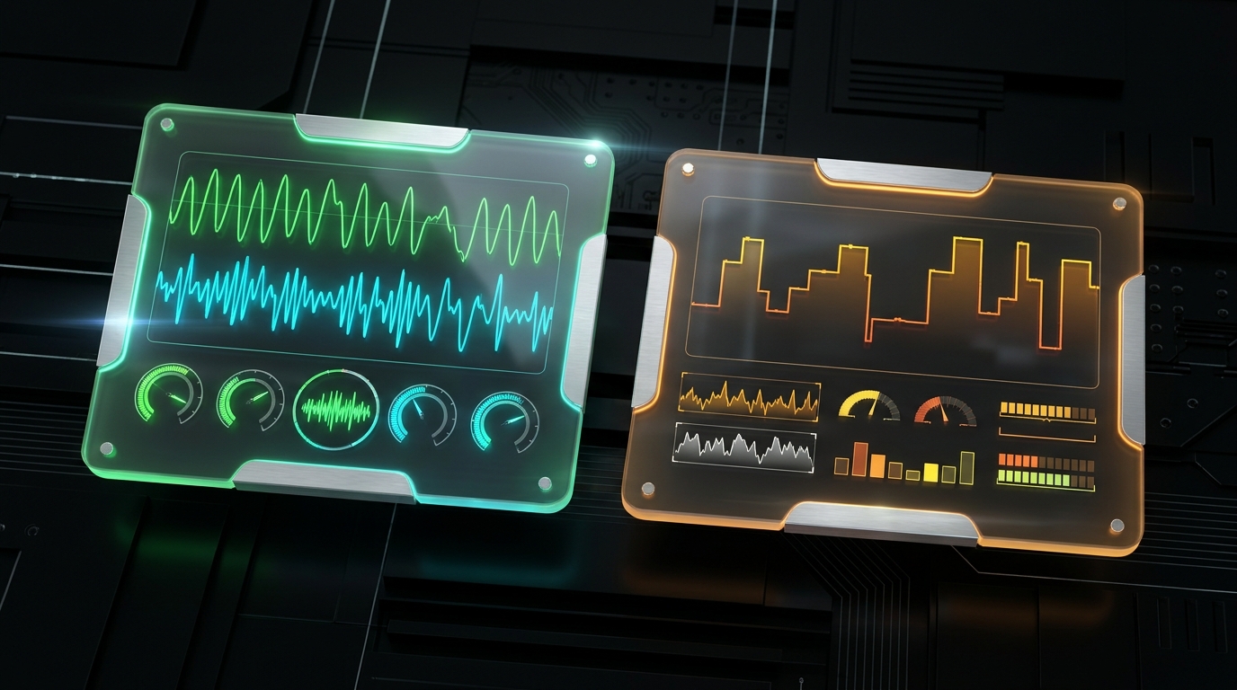 Dual glassmorphic developer telemetry HUD panels comparing high-speed local inference versus cloud network latency