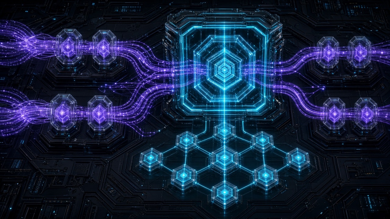 3D architectural schematic of a dual-stream artificial intelligence reasoning engine with active ambiguity resolution