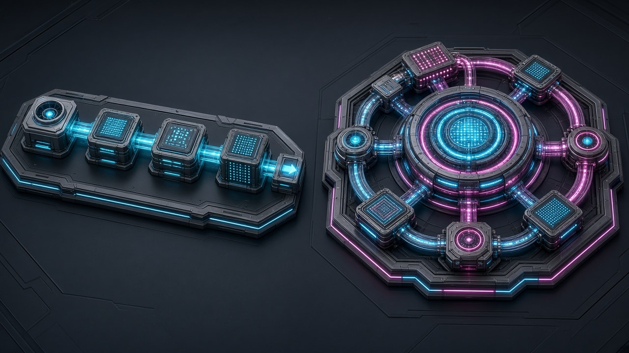 Side-by-side 3D isometric comparison display of frontier artificial intelligence model architectures