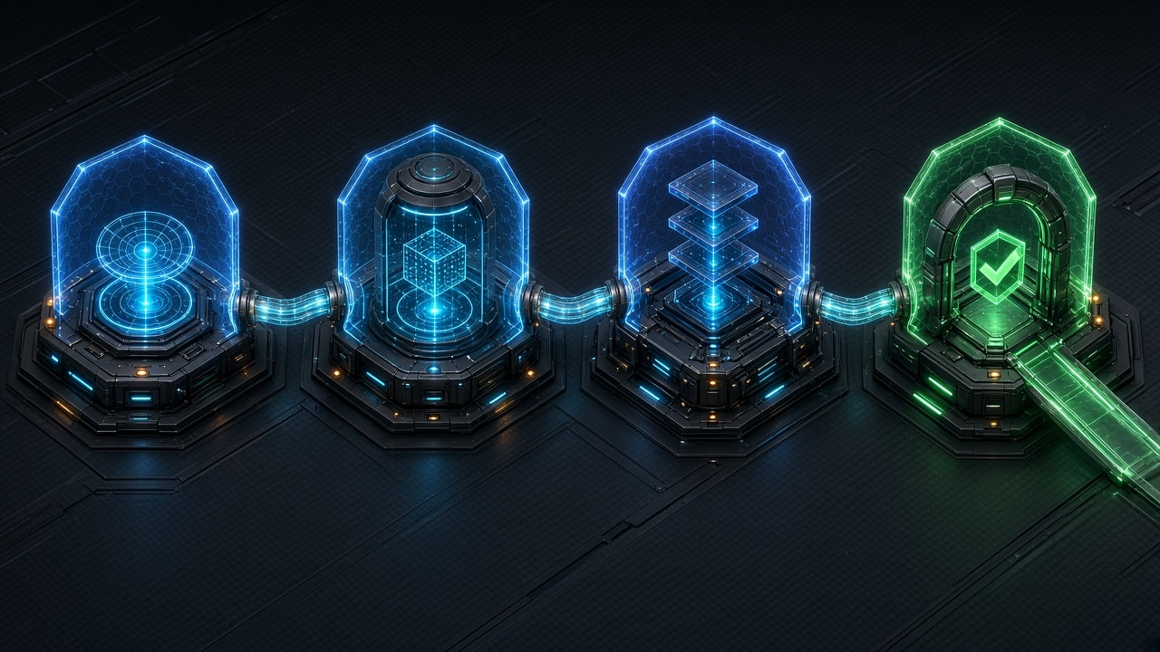 Sequential 3D isometric four-stage cybersecurity defense pipeline on dark carbon