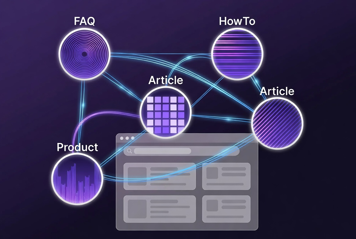 Abstract visualization of schema markup types connecting webpage content to search engines