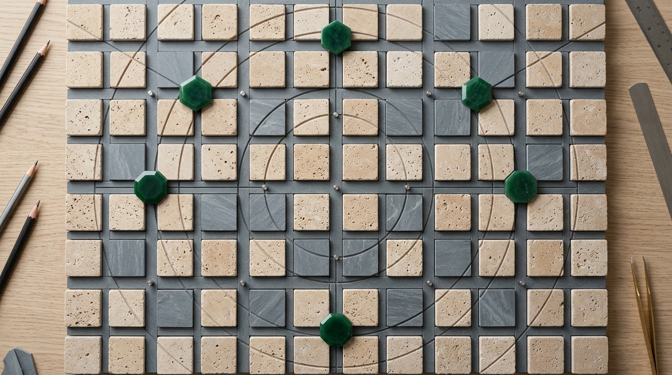 Architectural travertine map grid and service radius layout with deep emerald jade boundary tokens