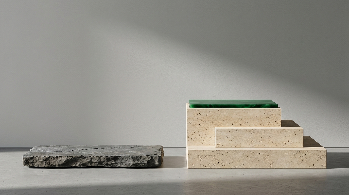 Side-profile architectural comparison of rough flat slate slab with elevated sandblasted travertine podium