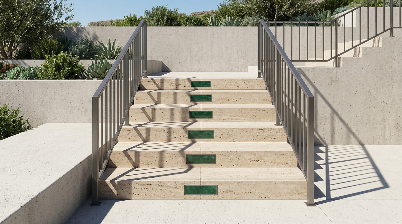 Ascending travertine stone terrace stairway with inlaid emerald jade milestone tablets