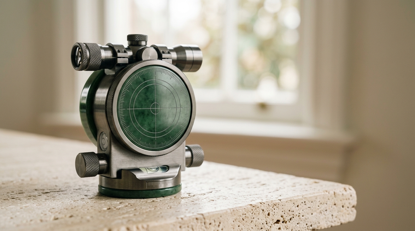 Modern minimalist surveyor direction instrument in gunmetal steel and deep emerald jade