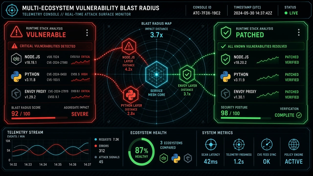 Developer telemetry HUD console displaying multi-ecosystem vulnerability blast radius