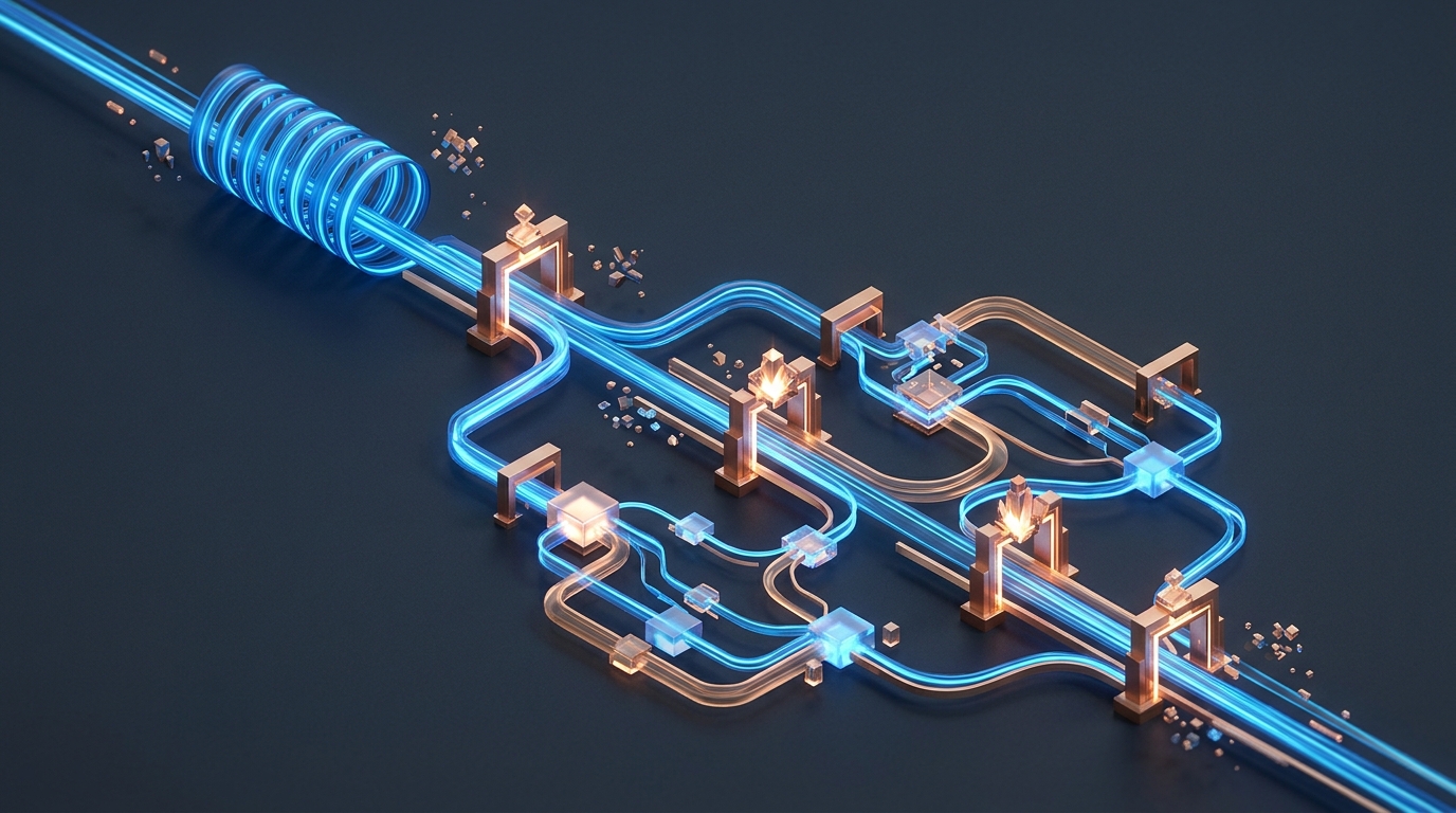 Abstract isometric digital visualization of an autonomous workflow branching into automated processing paths and glowing supervisory review gates, no text labels