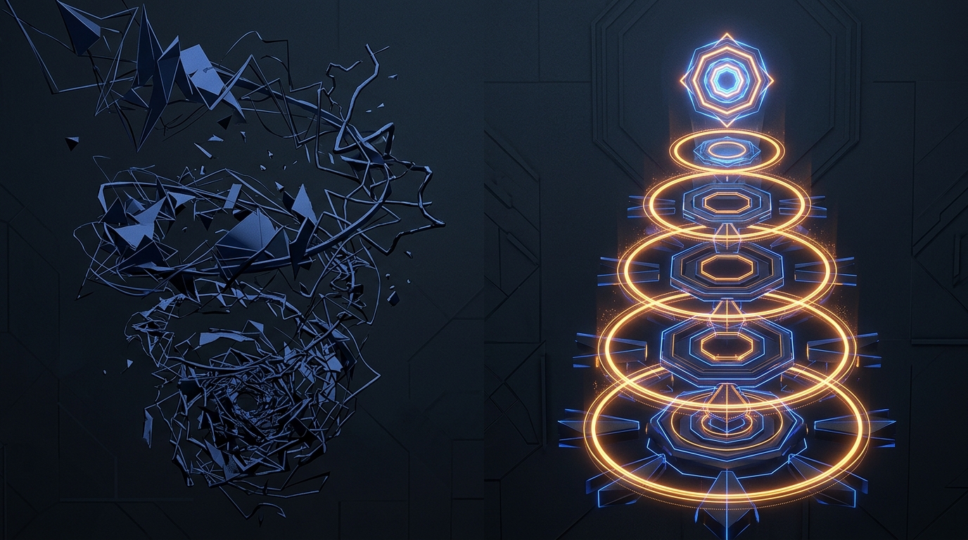Abstract comparative visualization showing two divergent procedural paths with chaotic unguarded chains versus structured supervisory verification rings, no text labels
