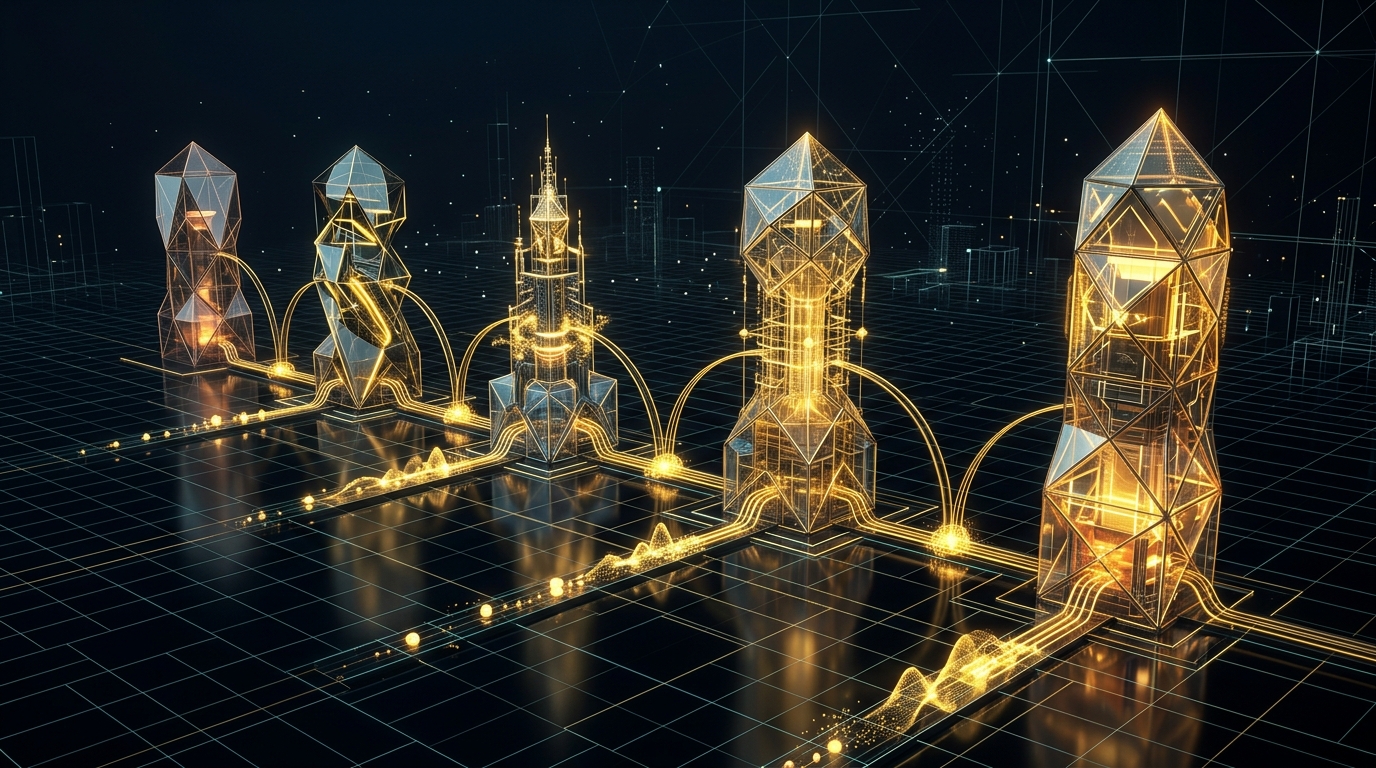 Abstract sequential roadmap of five distinct oversight stages represented as interconnected translucent polyhedral towers with golden resonance pulses, no text labels