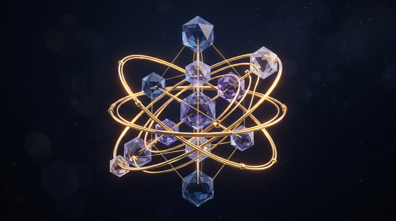 Abstract 3D mathematical equilibrium sculpture depicting operational stability and risk mitigation with balanced crystalline polyhedra and golden kinetic rings, no text labels