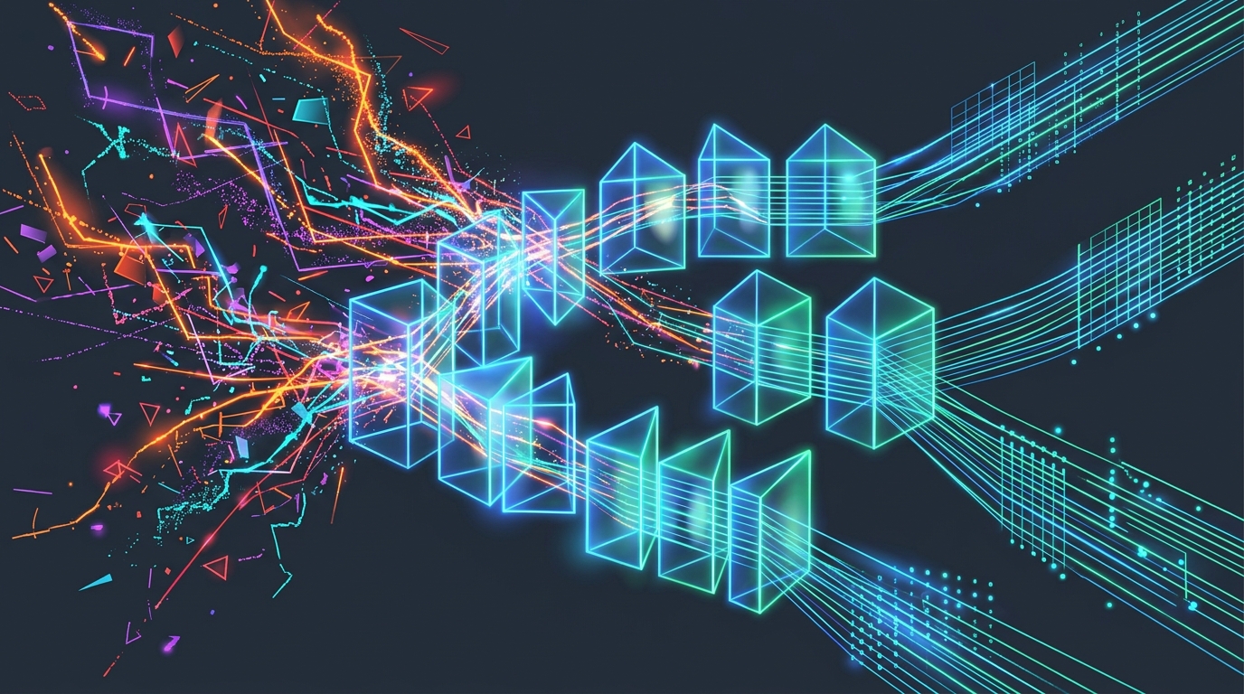 Input validation pipelines filtering raw data streams through sequential prism barriers into clean signals, abstract digital art, no text labels