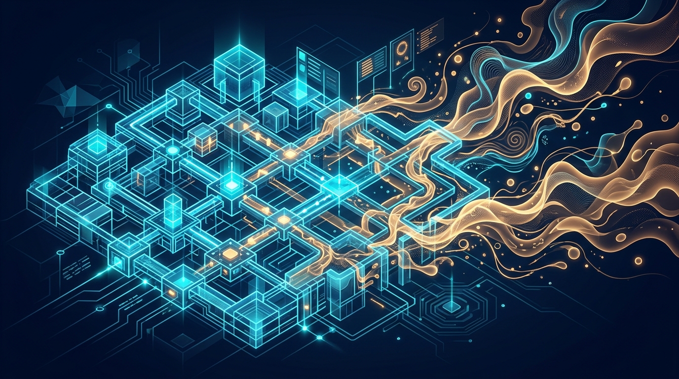 Output schema verification and deterministic validation rules comparing structured grids against fluid streams, abstract digital art, no text labels