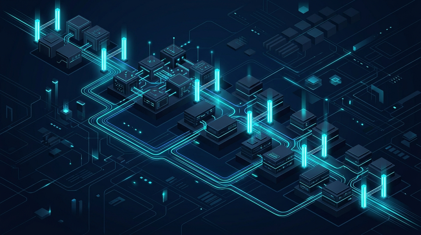 Cascading multi-tier safety pipeline stages and checkpoint gates connected by network routes, abstract digital art, no text labels