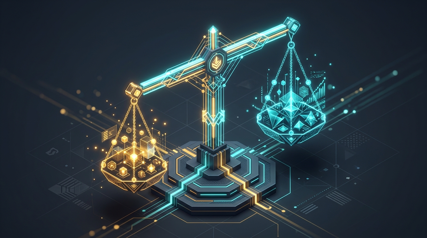 Equilibrium balance between latency and computational cost in AI safety systems, abstract digital art, no text labels