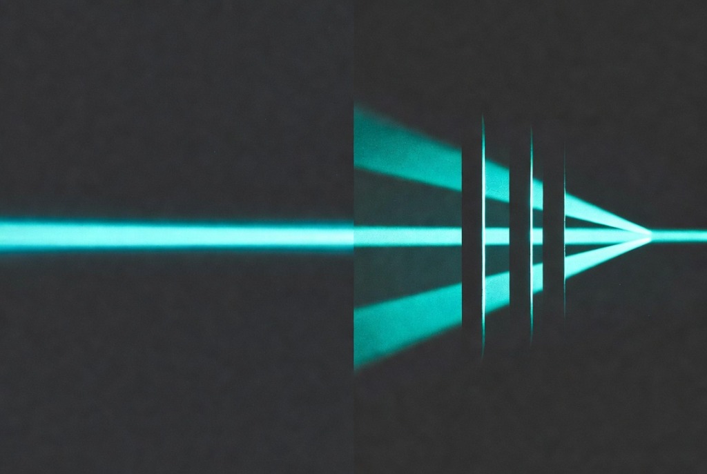 Abstract visualization of a single, raw prompt input passing through structured example filters to focus the output