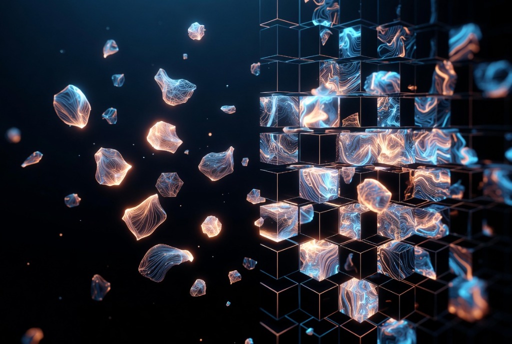 Loose unstructured data particles organizing themselves into structured geometric cubes representing structured output formatting