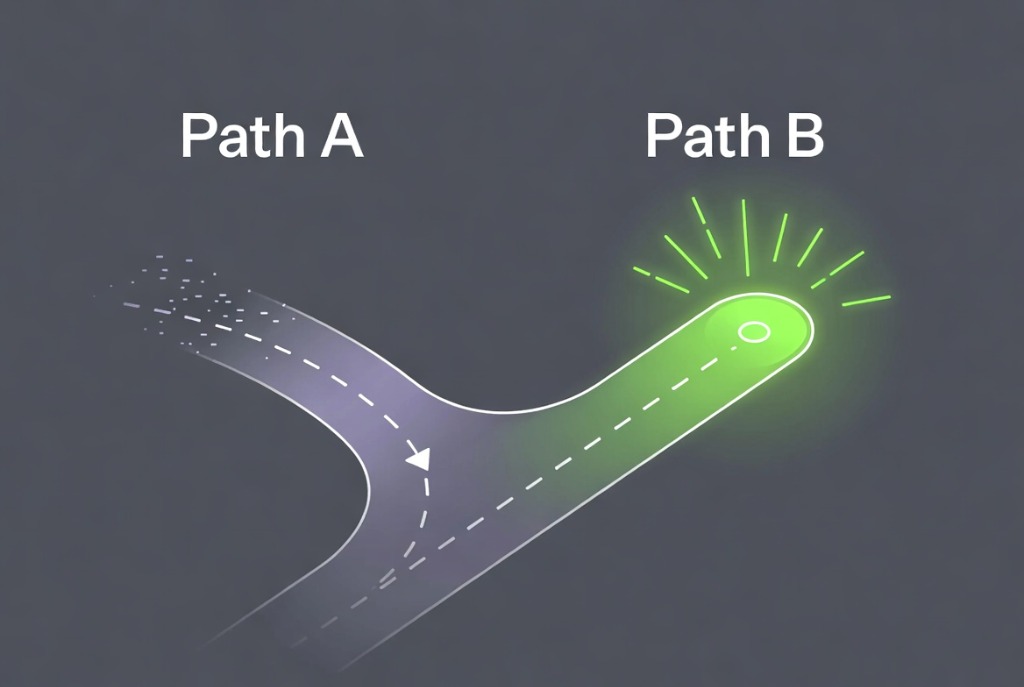 A split visual pathway comparing Path A and Path B with Path B ending in a glowing green optimized point