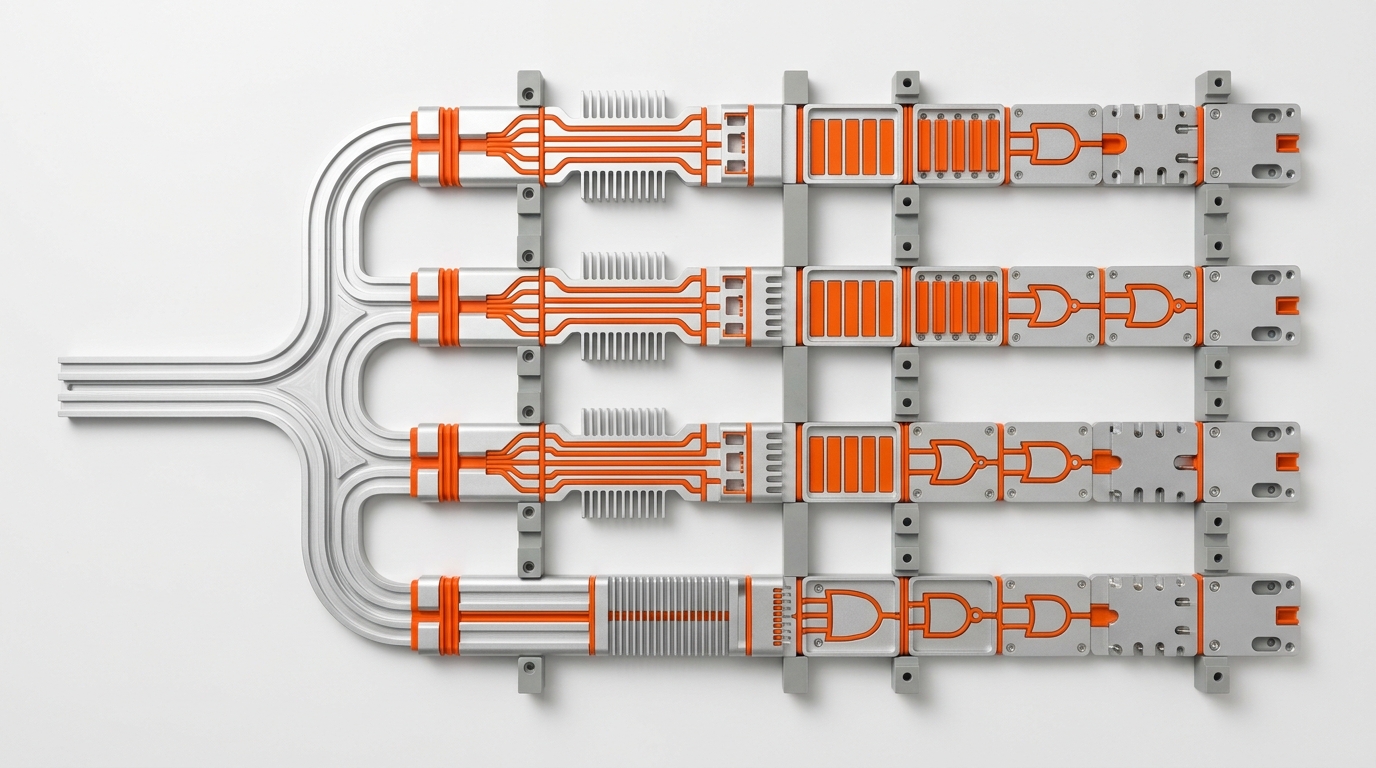 Anodized aluminum routing hardware splitting glowing fiber optic channels into four separate streams