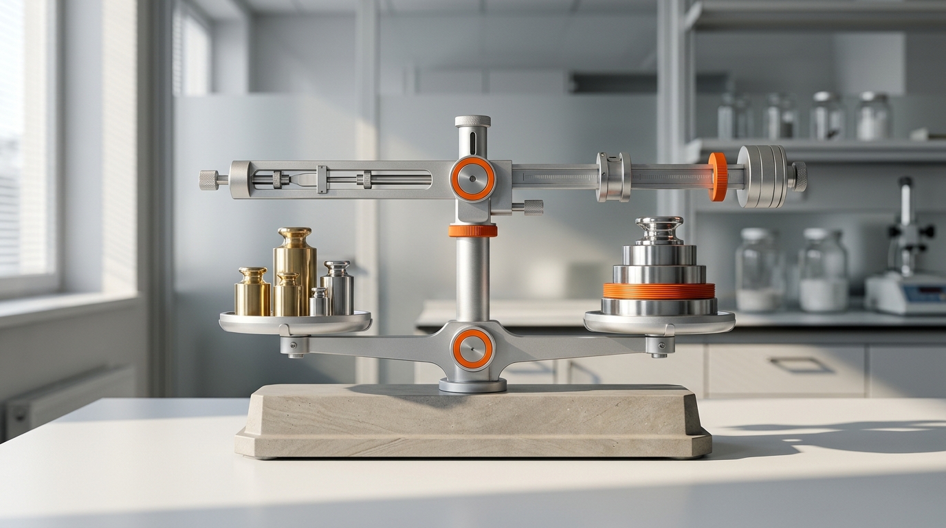 Precision balance beam and calibrated aluminum weights measuring cost reduction ratios