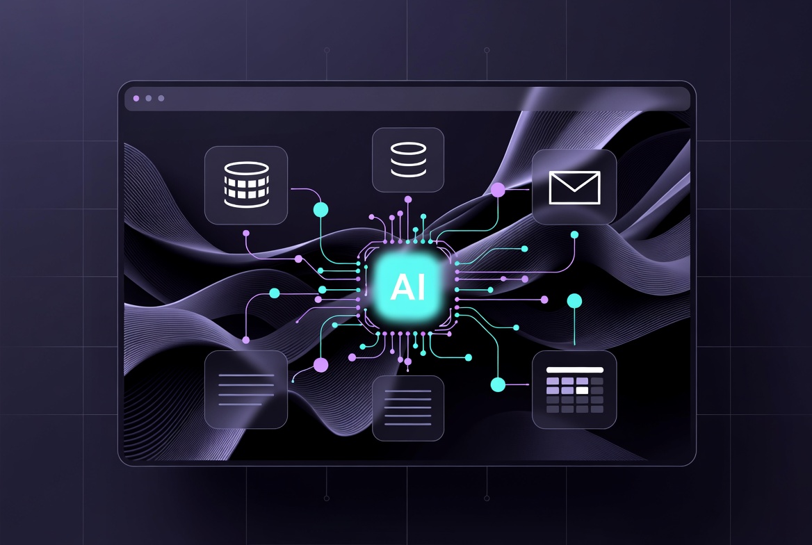 Small business dashboard showing AI assistant connected to CRM, email, and accounting tools through MCP