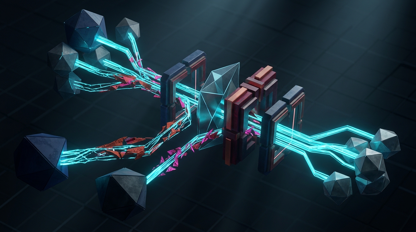 Abstract visualization of tool poisoning and security boundaries in an AI tool connection pipeline, no text labels