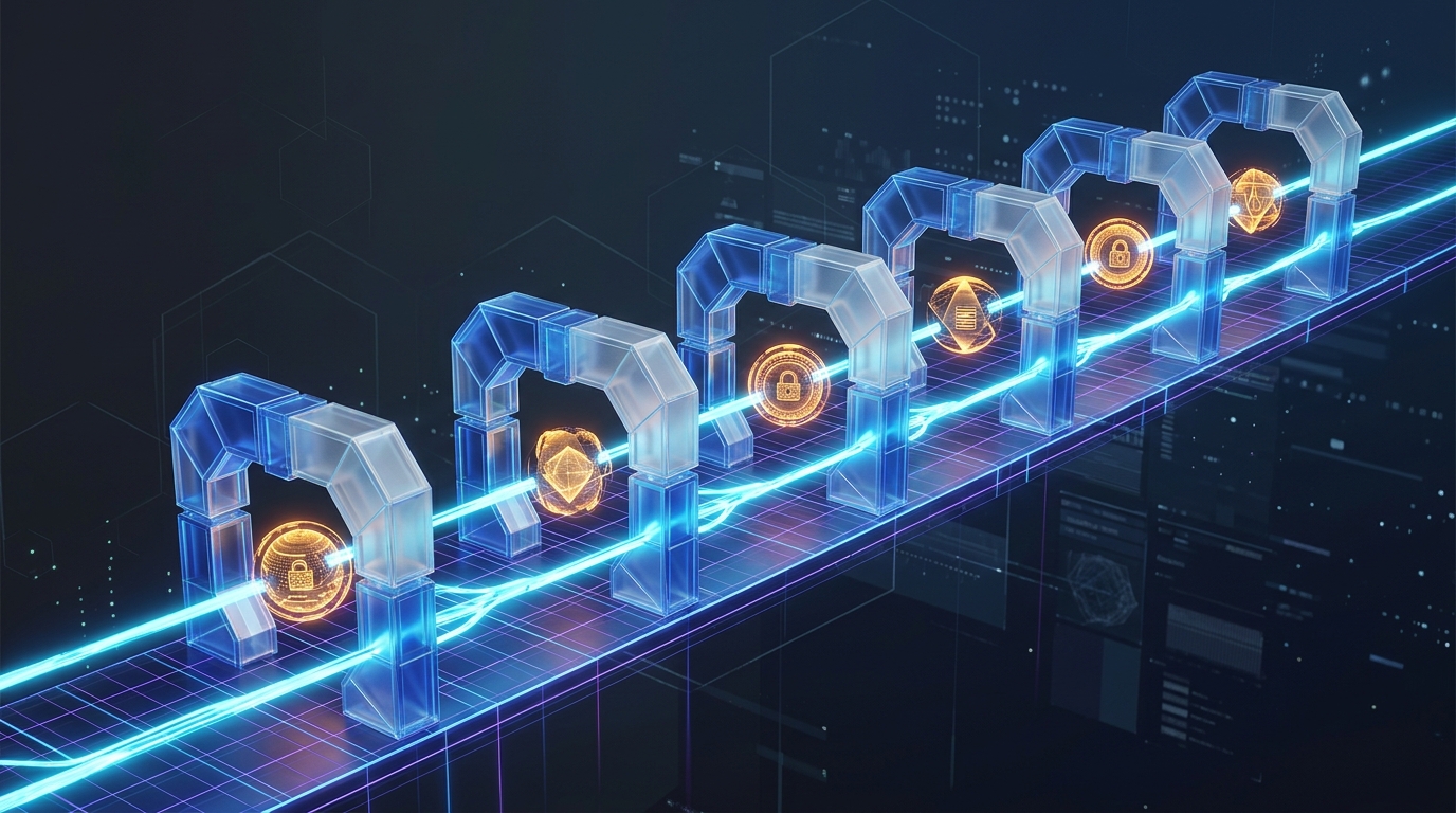 Abstract linear sequence of six security hardening gateways, no text labels