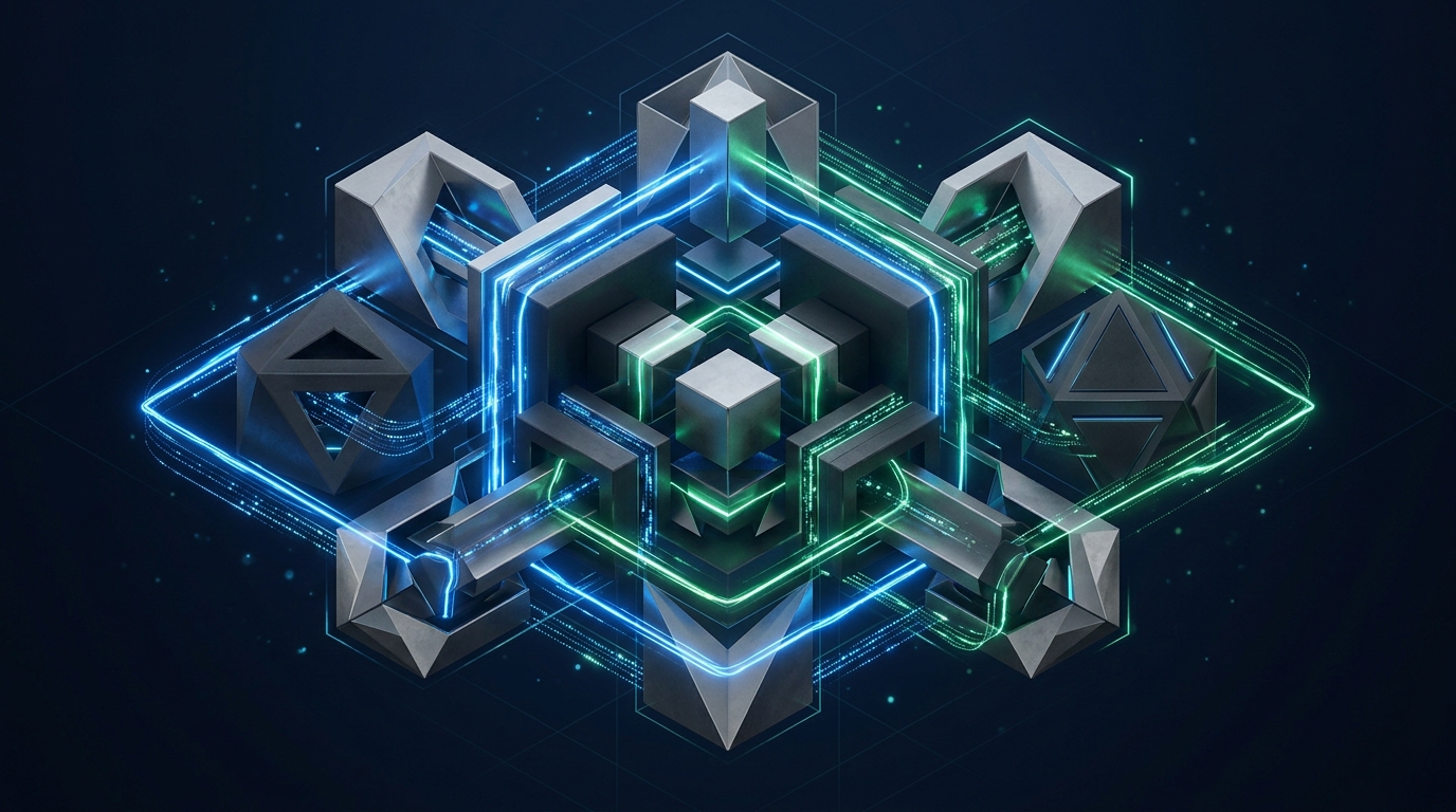 Abstract geometric system showing enterprise security equilibrium and operational safety, no text labels
