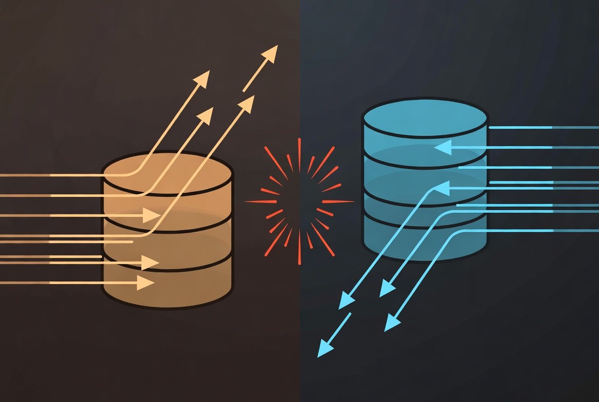 Write consistency problem visualization showing two database cylinders with conflicting data streams colliding between regions