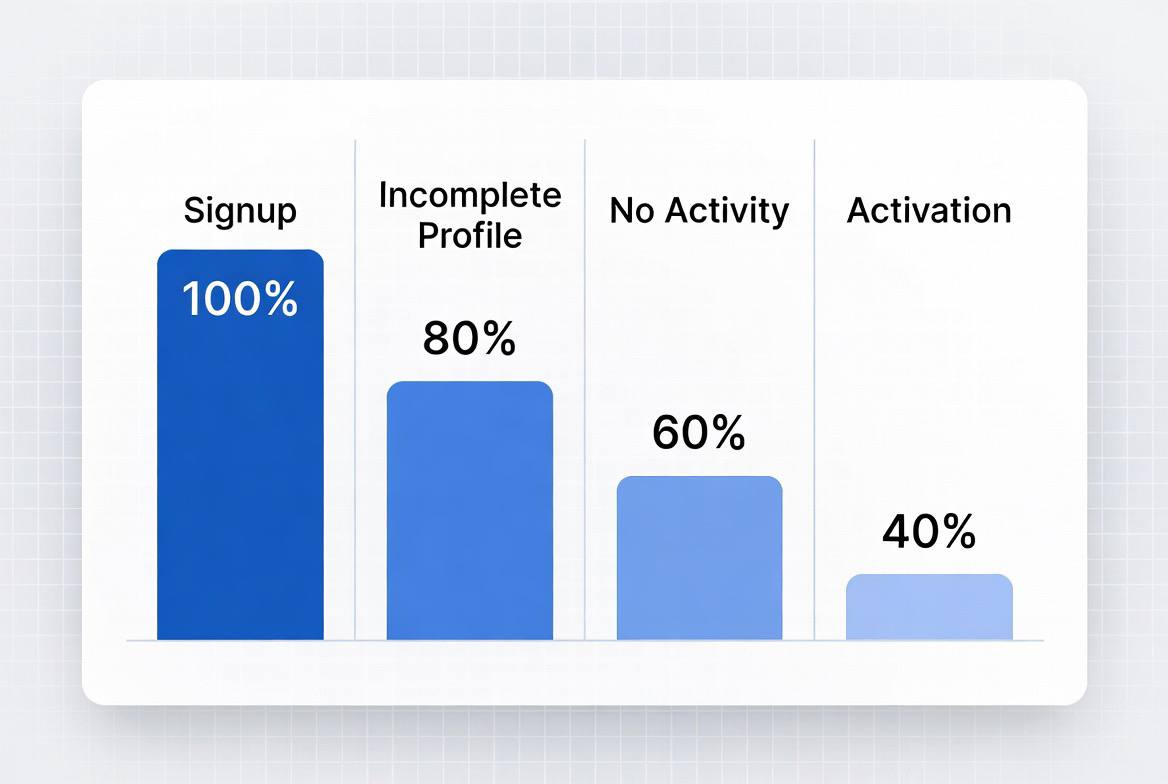 Activation funnel showing user drop-off from signup to first value