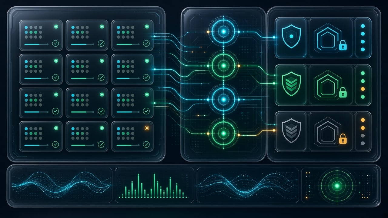 Glassmorphic developer console displaying authorization tokens and role-based access control matrix cards