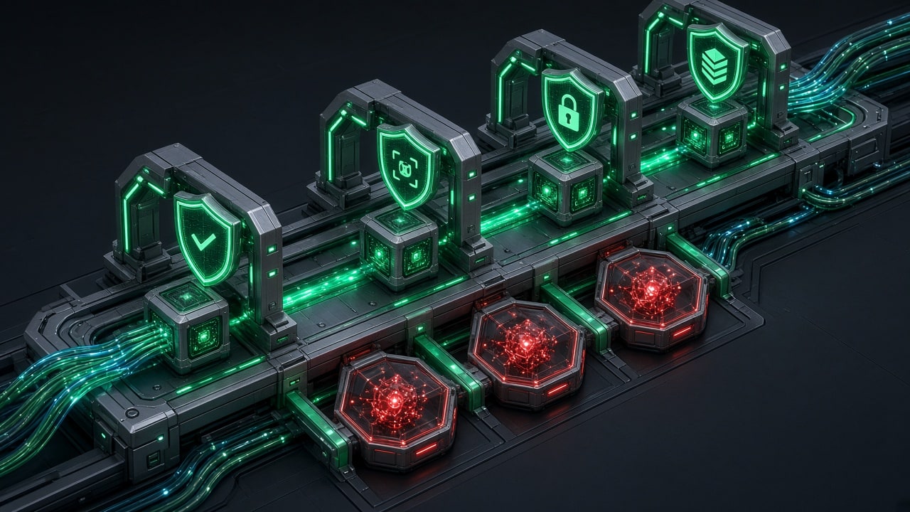 Isometric software supply chain pipeline showing code packages moving through security scanning checkpoints