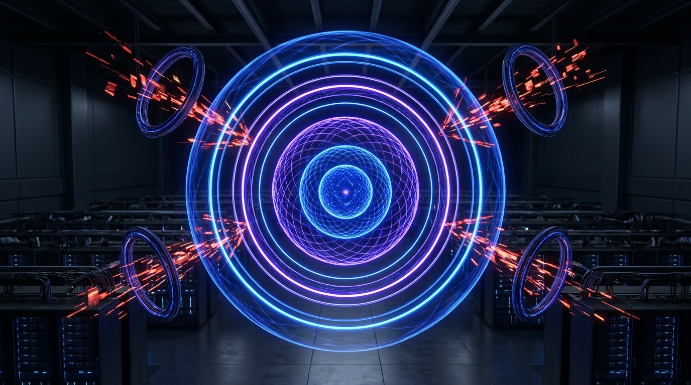 Multi-layered architectural defense shield hovering above server infrastructure
